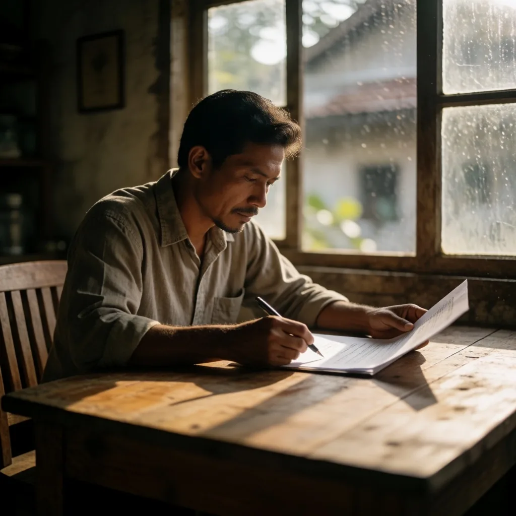 A man reviewing nutritional information in warm afternoon light