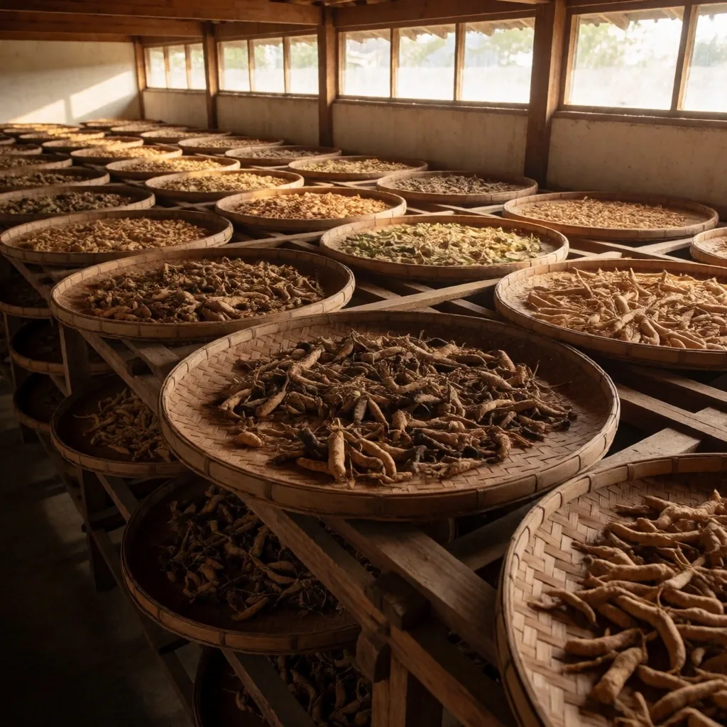 Botanical sourcing facility with herbs drying on teak shelving