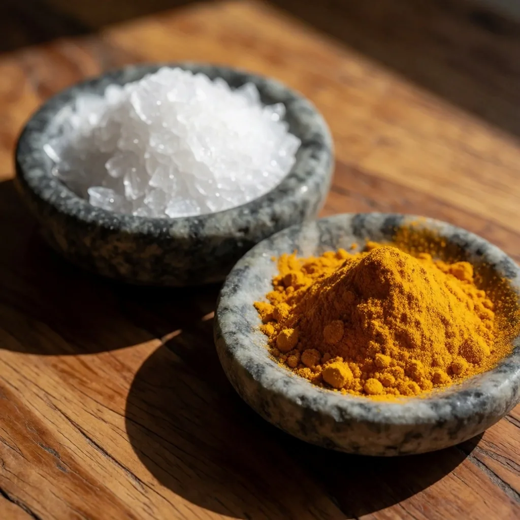Herbal extracts and mineral samples on a teak surface