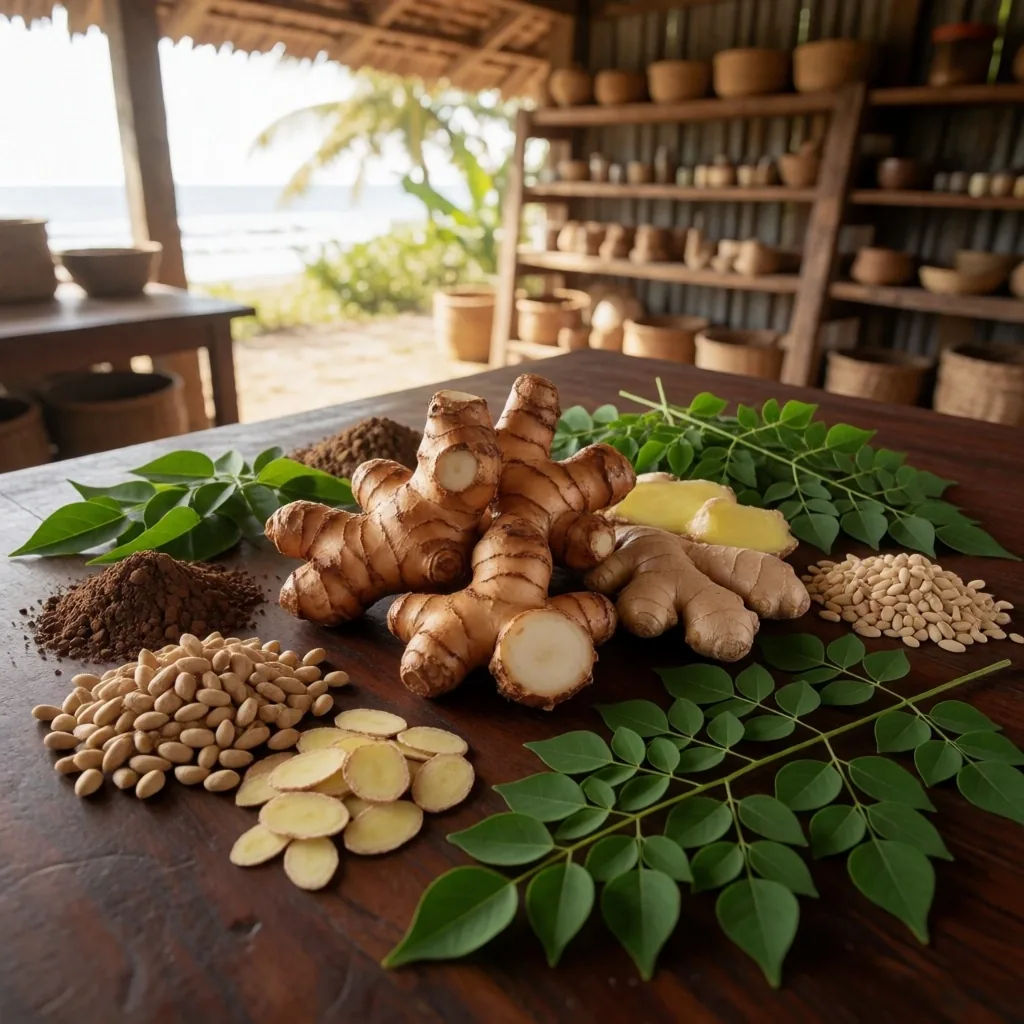 Indonesian botanical ingredients on teak