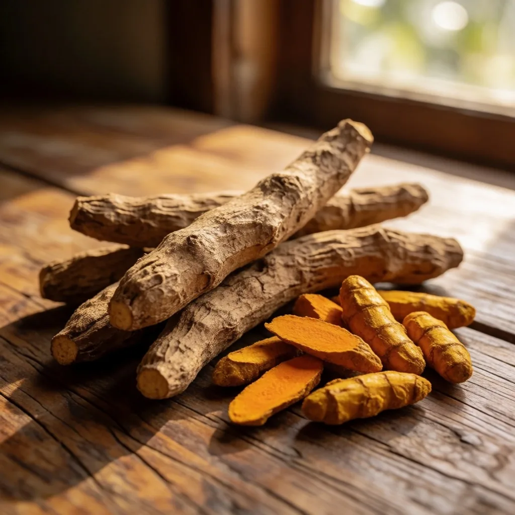 Natural botanicals on teak surface