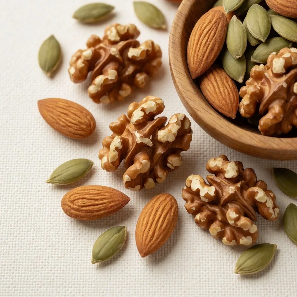 Heart-healthy nuts and seeds on canvas surface