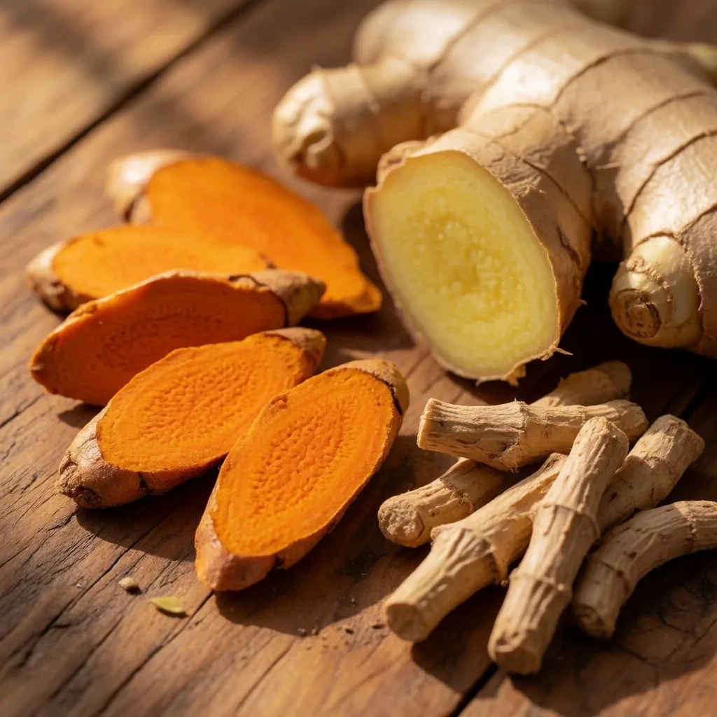 Raw botanical ingredients on teak surface