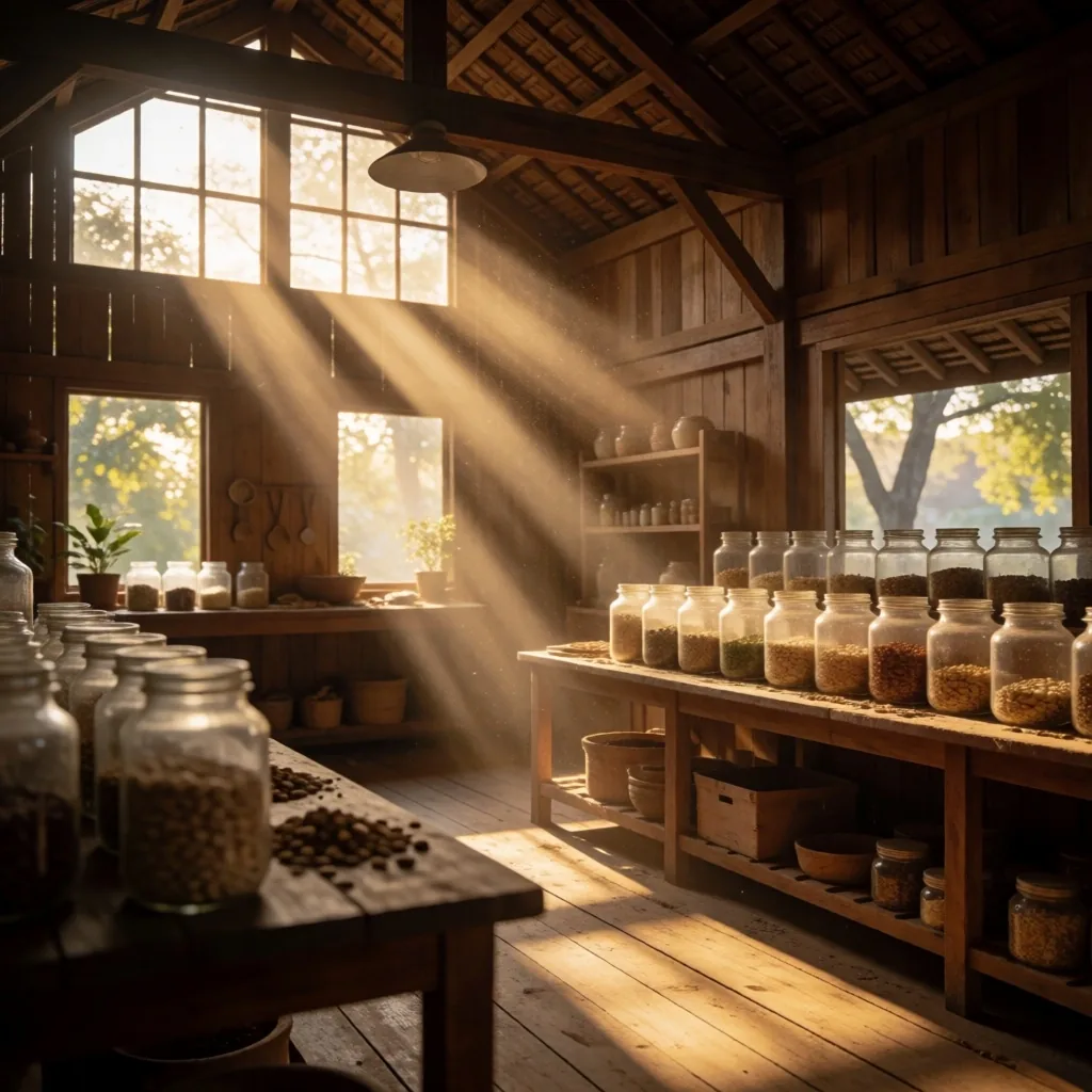 Sail loft warehouse interior with late afternoon light