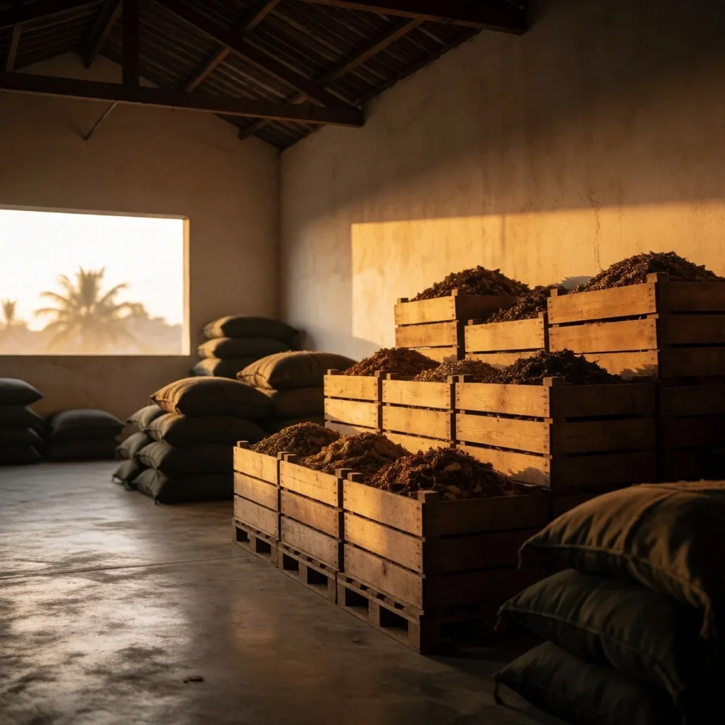 Late afternoon warehouse interior with warm light