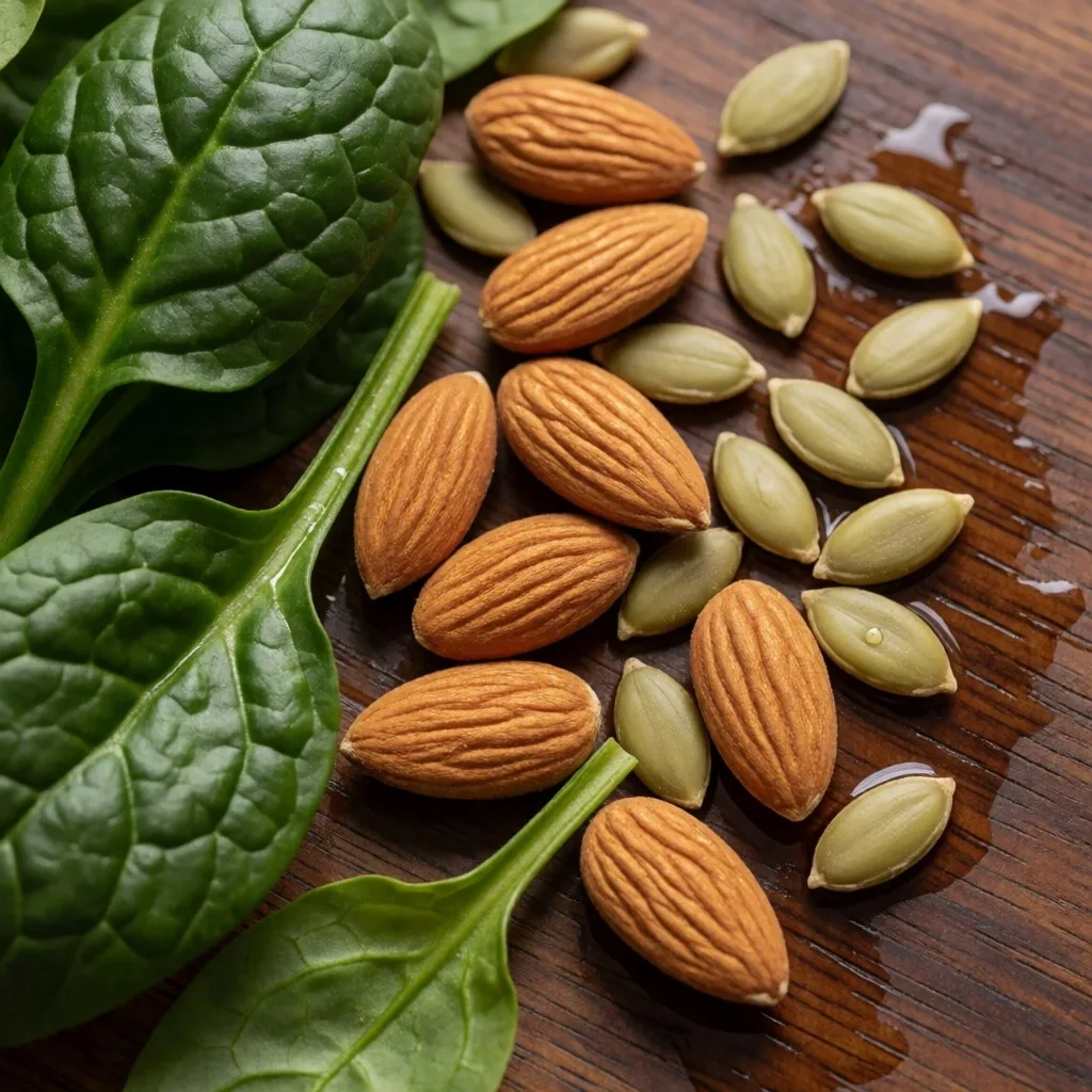 Magnesium-rich foods: spinach, almonds, and pumpkin seeds