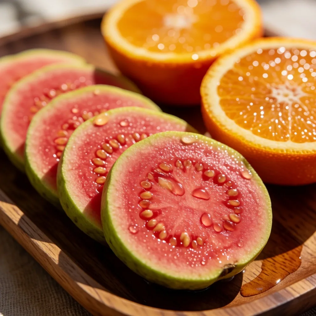 Vitamin C rich fruits: guava and oranges