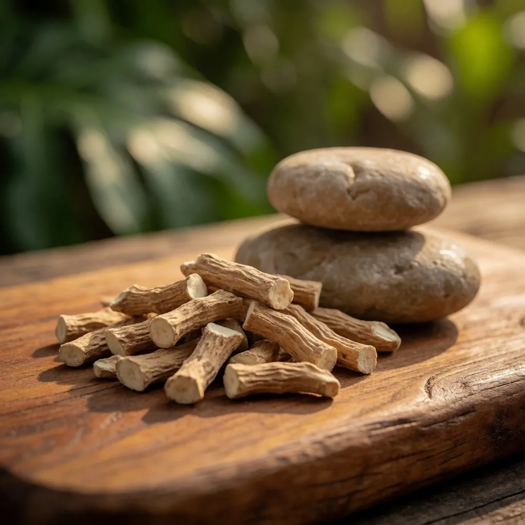 Ashwagandha root and mineral stones on teak