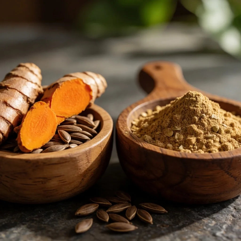 Natural supplement ingredients in teak bowls